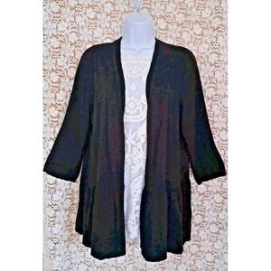 Terra & Sky Sweater Size 14W Black Open Front Cardigan 3/4 Sleeve Lightweight